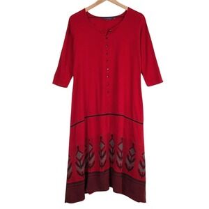 AVAASA 100% Cotton Kurta Midi Dress Sz L Red Black Ethnic Print